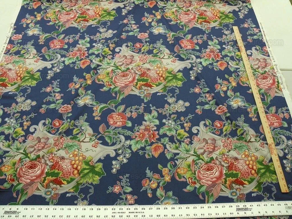 By Yard Scalamandre  La Neuveville Print Fruit Flower Melon Grape Harvest Blue MSRP 112/Y
