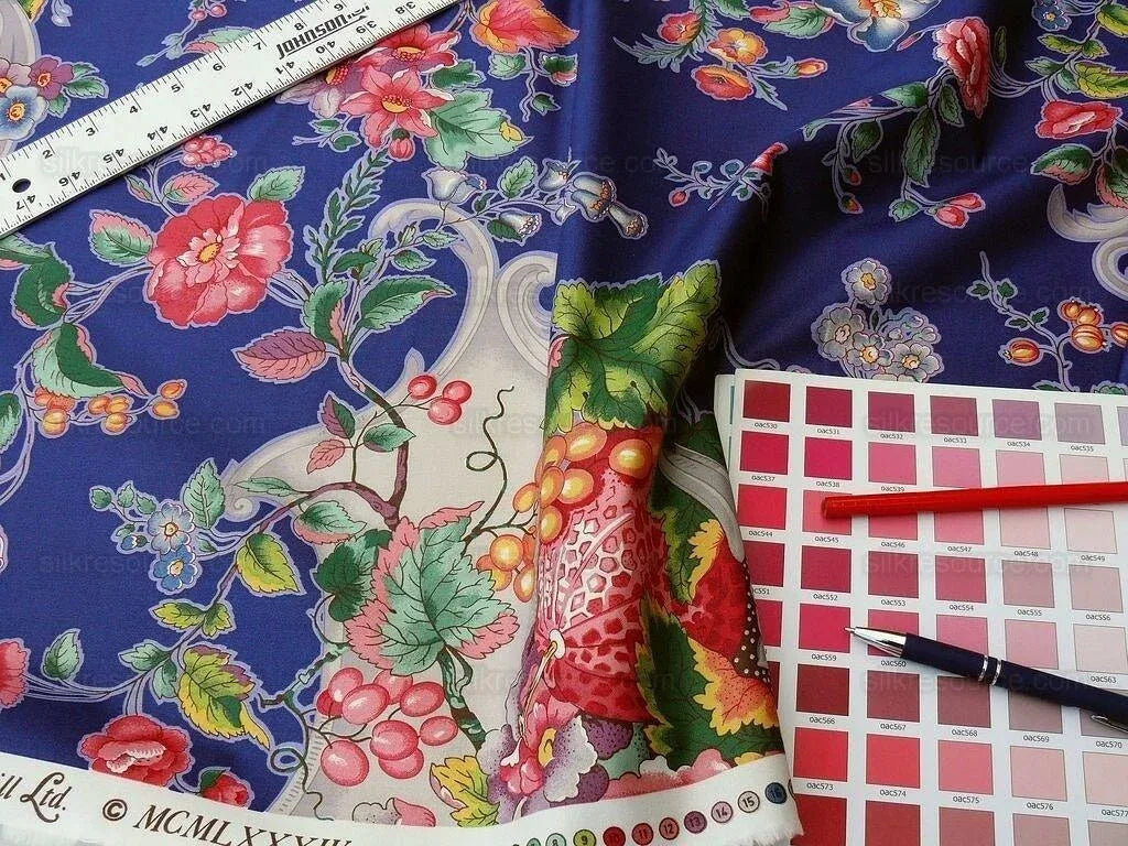 By Yard Scalamandre  La Neuveville Print Fruit Flower Melon Grape Harvest Blue MSRP 112/Y