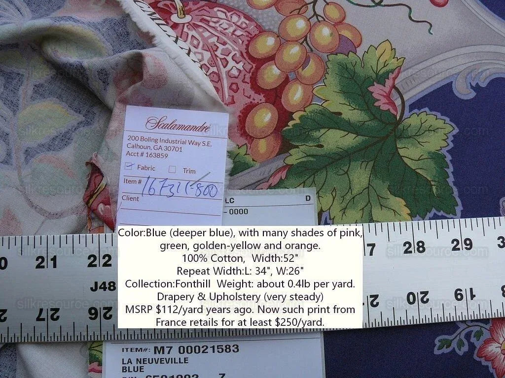 By Yard Scalamandre  La Neuveville Print Fruit Flower Melon Grape Harvest Blue MSRP 112/Y