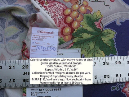 By Yard Scalamandre  La Neuveville Print Fruit Flower Melon Grape Harvest Blue MSRP 112/Y