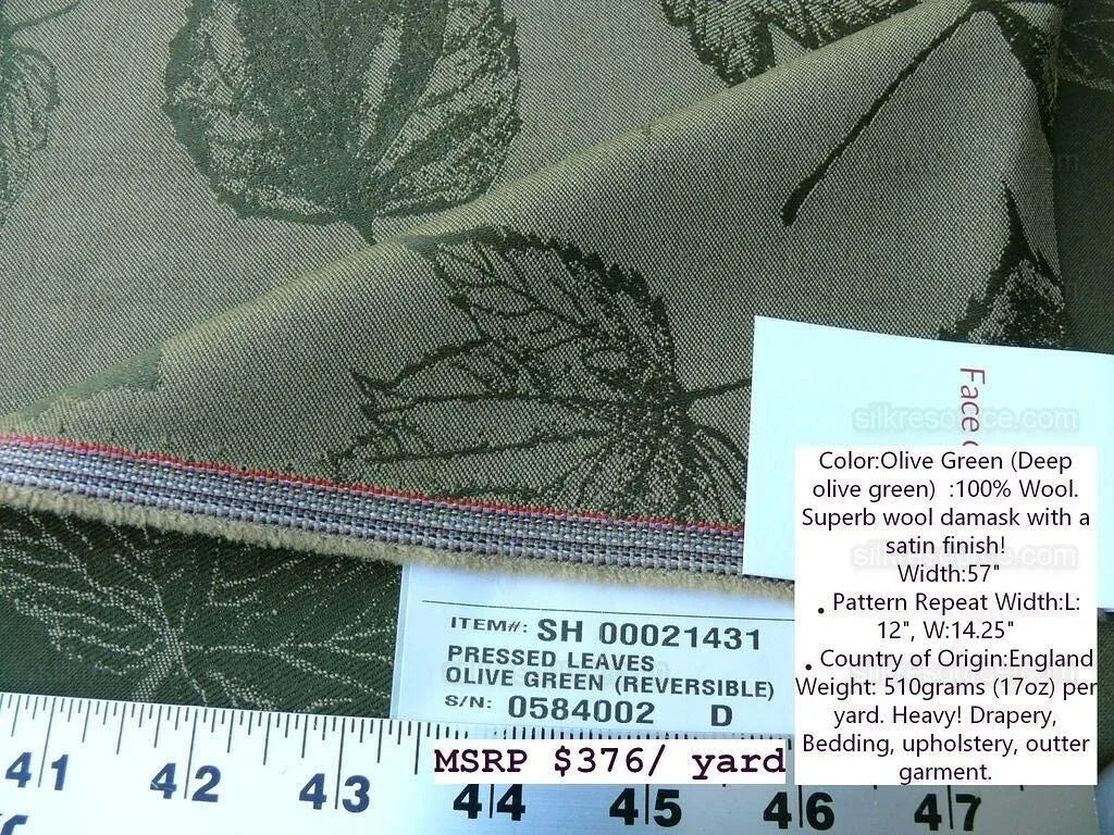 By Yard Scalamandre Wool Satin Pressed Leaves Olive Green Maple Elm Oak MSRP USD 376/Y