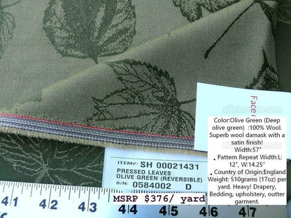 By Yard Scalamandre Wool Satin Pressed Leaves Olive Green Maple Elm Oak MSRP USD 376/Y