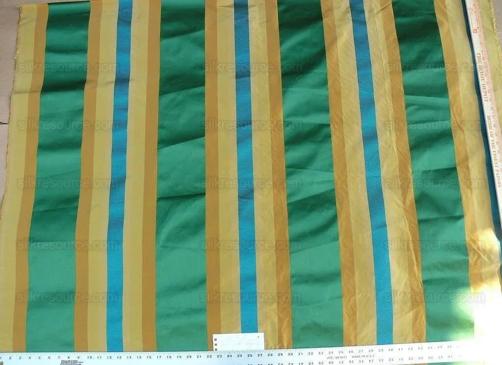 By Yd Designer 100% Silk Taffeta Stripe Satin Rib Turquoise Emerald Green Gold
