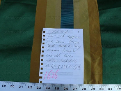 By Yd Designer 100% Silk Taffeta Stripe Satin Rib Turquoise Emerald Green Gold