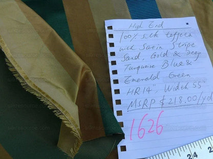 By Yd Designer 100% Silk Taffeta Stripe Satin Rib Turquoise Emerald Green Gold