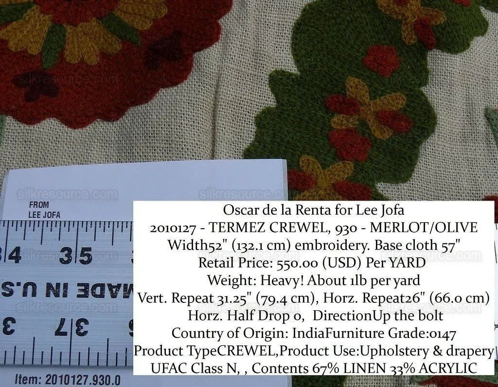 Lee Jofa/oscar De La Renta Termez Embroidery Floral Merlot/olive Red Green crewel Tulip Sunflower MSRP USD 550/yard!
