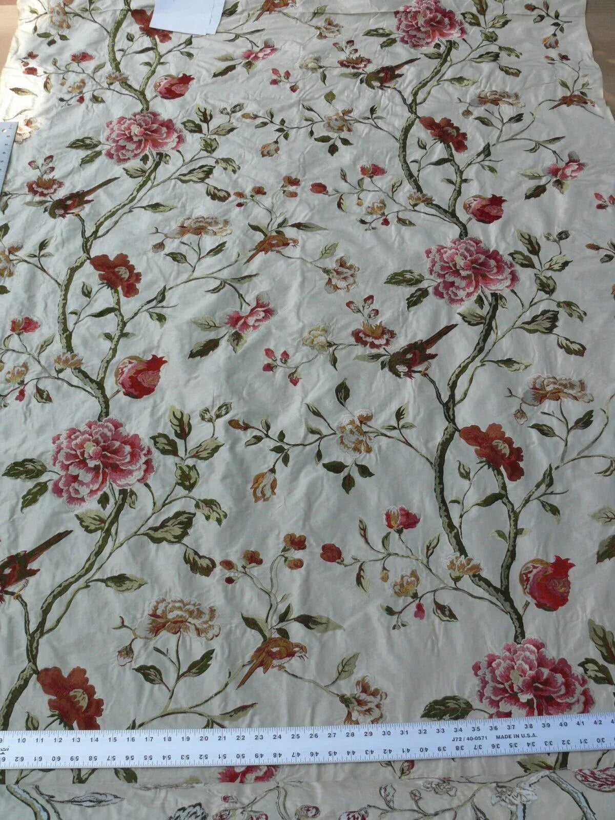 Lee Jofa Danthe Silk Embroidery Chinoisery Bird Flower Tree Peony Pomegranate pink Red Green on Cream MSRP USD 596/y