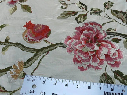 Lee Jofa Danthe Silk Embroidery Chinoisery Bird Flower Tree Peony Pomegranate pink Red Green on Cream MSRP USD 596/y