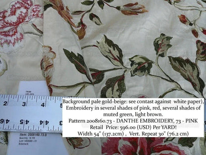 Lee Jofa Danthe Silk Embroidery Chinoisery Bird Flower Tree Peony Pomegranate pink Red Green on Cream MSRP USD 596/y