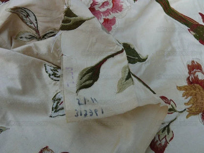 Lee Jofa Danthe Silk Embroidery Chinoisery Bird Flower Tree Peony Pomegranate pink Red Green on Cream MSRP USD 596/y