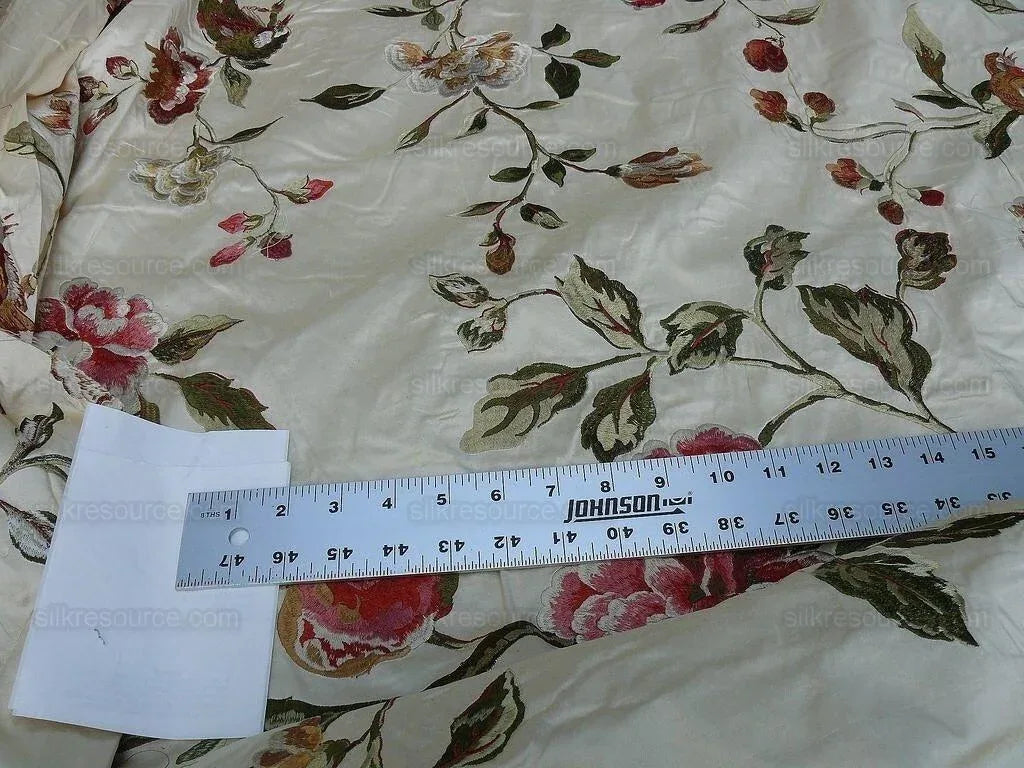 Lee Jofa Danthe Silk Embroidery Chinoisery Bird Flower Tree Peony Pomegranate pink Red Green on Cream MSRP USD 596/y