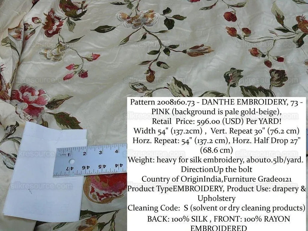 Lee Jofa Danthe Silk Embroidery Chinoisery Bird Flower Tree Peony Pomegranate pink Red Green on Cream MSRP USD 596/y