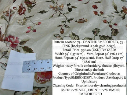 Lee Jofa Danthe Silk Embroidery Chinoisery Bird Flower Tree Peony Pomegranate pink Red Green on Cream MSRP USD 596/y