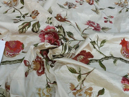 Lee Jofa Danthe Silk Embroidery Chinoisery Bird Flower Tree Peony Pomegranate pink Red Green on Cream MSRP USD 596/y