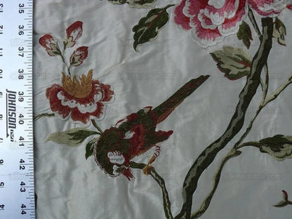 Lee Jofa Danthe Silk Embroidery Chinoisery Bird Flower Tree Peony Pomegranate pink Red Green on Cream MSRP USD 596/y