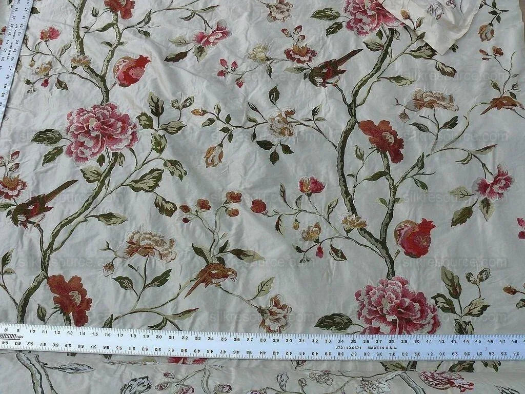 Lee Jofa Danthe Silk Embroidery Chinoisery Bird Flower Tree Peony Pomegranate pink Red Green on Cream MSRP USD 596/y