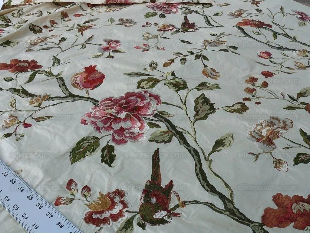 Lee Jofa Danthe Silk Embroidery Chinoisery Bird Flower Tree Peony Pomegranate pink Red Green on Cream MSRP USD 596/y
