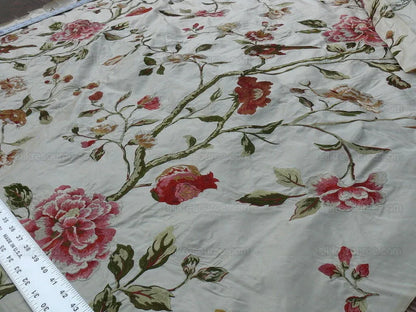 Lee Jofa Danthe Silk Embroidery Chinoisery Bird Flower Tree Peony Pomegranate pink Red Green on Cream MSRP USD 596/y