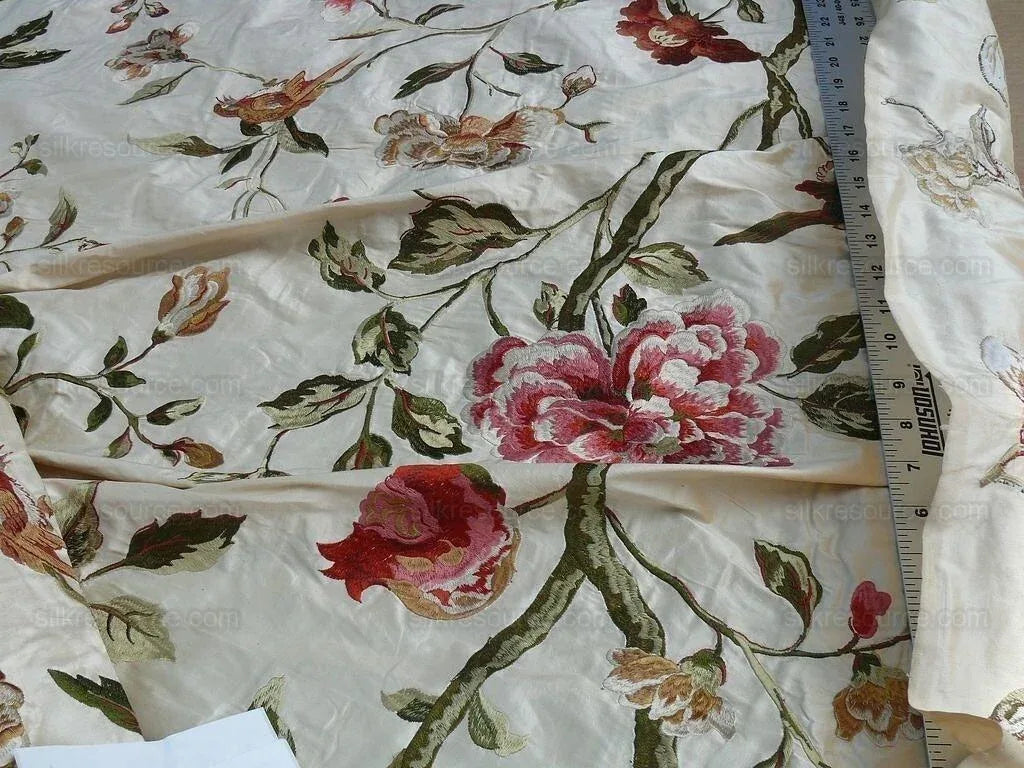 Lee Jofa Danthe Silk Embroidery Chinoisery Bird Flower Tree Peony Pomegranate pink Red Green on Cream MSRP USD 596/y