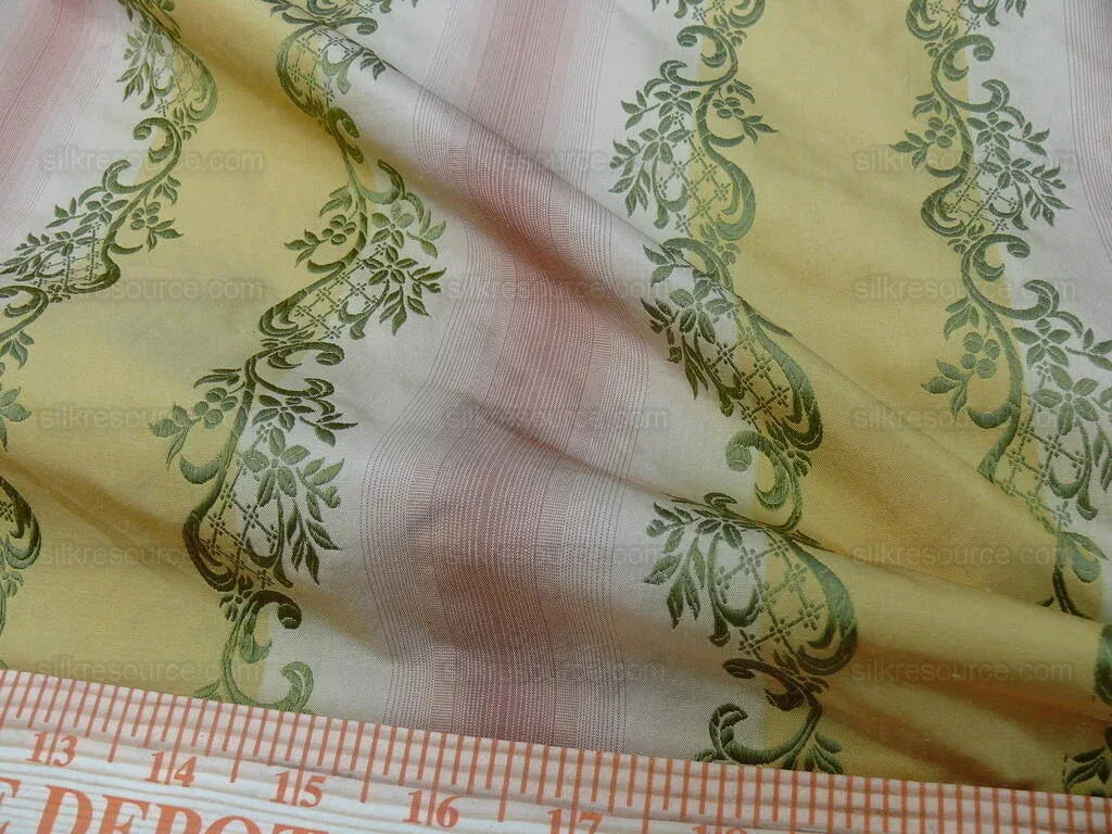 0.8y Designer 100% Silk Lisere Stripe Pink Gold Muted Sage Green
