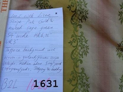 1.2y Designer 100% Silk Lisere Stripe Pink Gold Muted Sage Green