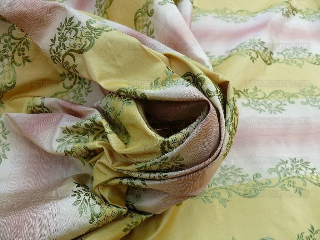 1.2y Designer 100% Silk Lisere Stripe Pink Gold Muted Sage Green