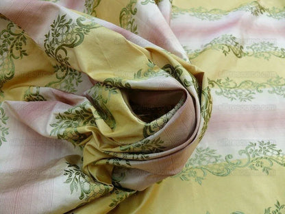 0.8y Designer 100% Silk Lisere Stripe Pink Gold Muted Sage Green