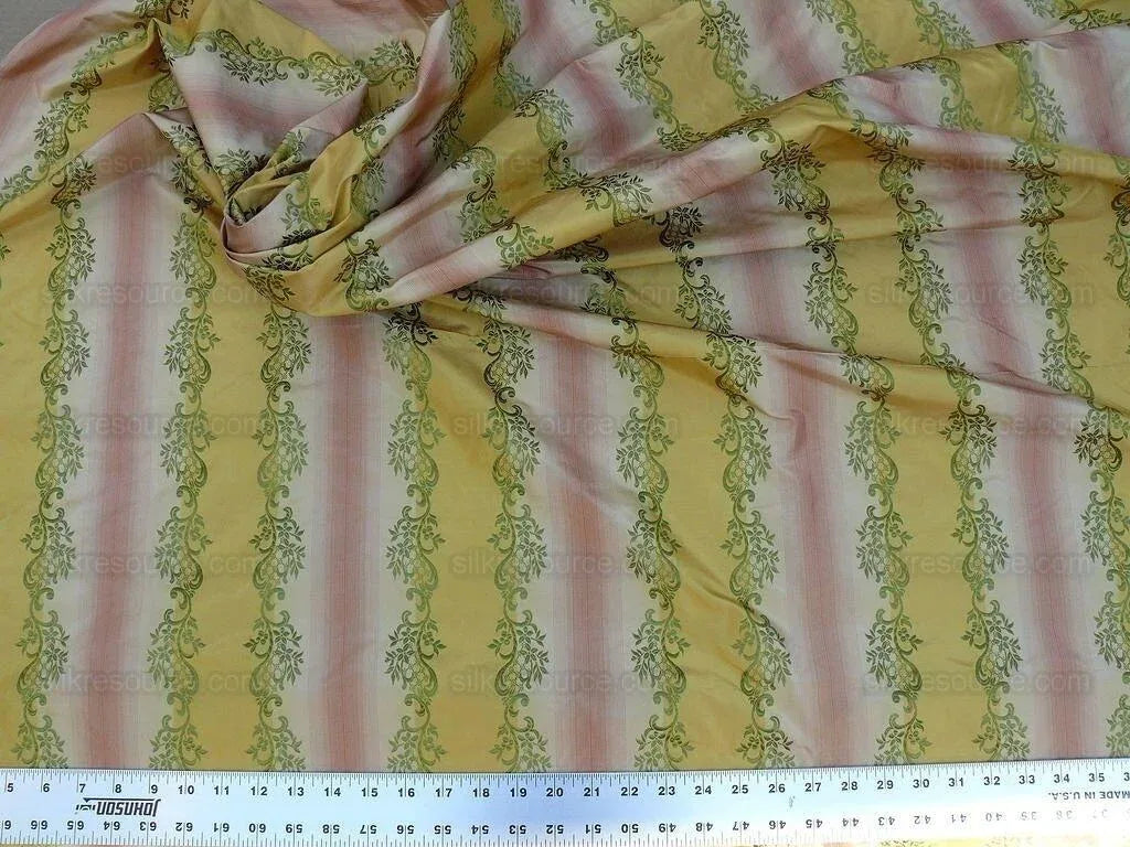 Desiner 100% Silk Lisere Green Beige Silver Floral Stripe