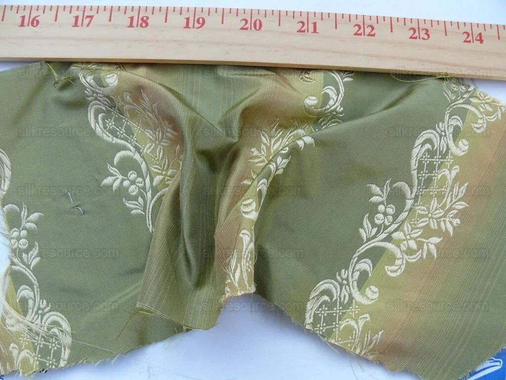Desiner 100% Silk Lisere Green Beige Silver Floral Stripe