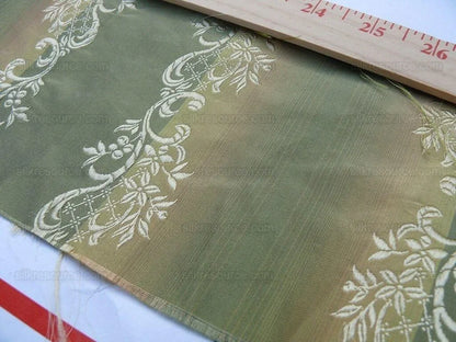 Desiner 100% Silk Lisere Green Beige Silver Floral Stripe