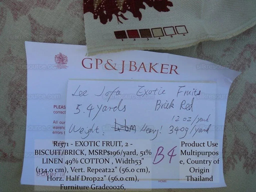 By Yd Lee Jofa Exotic Fruits Brick Biscuit Red on White Pom Thistle Vine Tropical Large Linen Print MSRP USD 196/Y