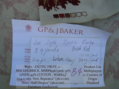 By Yd Lee Jofa Exotic Fruits Brick Biscuit Red on White Pom Thistle Vine Tropical Large Linen Print MSRP USD 196/Y