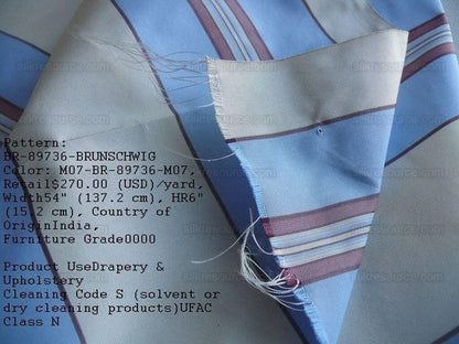 By yard Brunschwig &amp; Fils 100%silk Taffeta Stripe Sky Blue Pink Cream White MSRP USD 270/Y