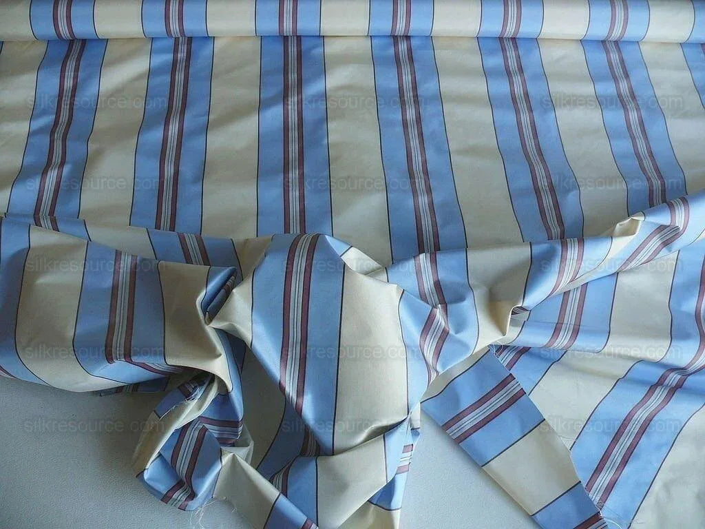 By yard Brunschwig &amp; Fils 100%silk Taffeta Stripe Sky Blue Pink Cream White MSRP USD 270/Y