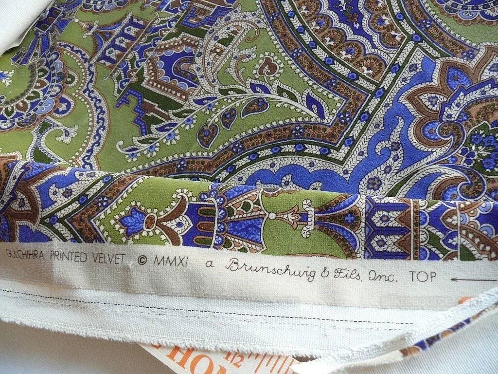Brunschwig &amp; Fils Gulchihra Printed Velvet Pagoda Paisley Cotton Blue Green Persian Mughal MSRP USD 536/y