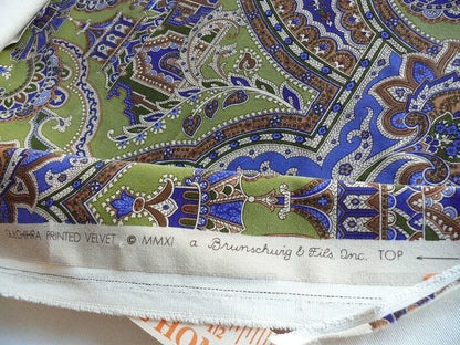 Brunschwig &amp; Fils Gulchihra Printed Velvet Pagoda Paisley Cotton Blue Green Persian Mughal MSRP USD 536/y