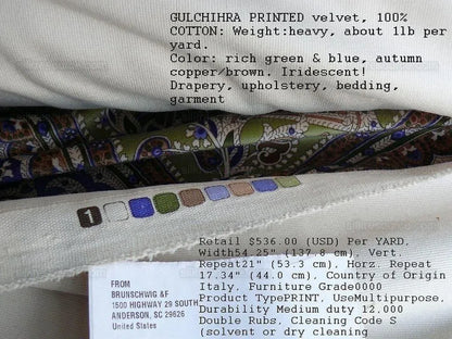 Brunschwig &amp; Fils Gulchihra Printed Velvet Pagoda Paisley Cotton Blue Green Persian Mughal MSRP USD 536/y