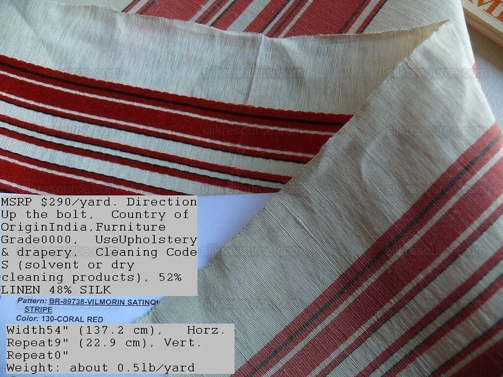 Brunschwig &amp; Fils Vilmorin Satin Stripe Coral Red Pink MSRP USD 290/y by yard