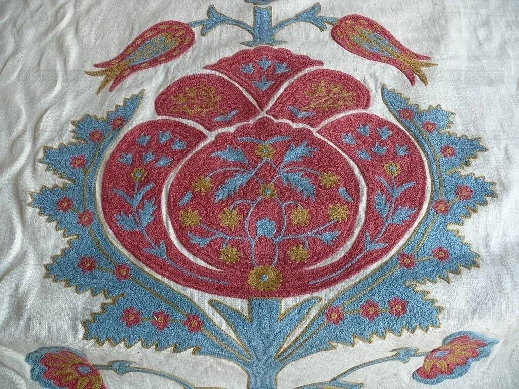 3.7y Brunschwig &amp; Fils Flowers Of Jamakhana Tea Rose/blue Chartreuse Crewel Embroidery Linen Tulip Pomegranite Blue Red MSRP USD 596/Y