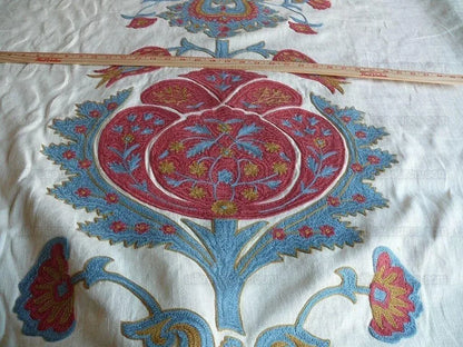 3.7y Brunschwig &amp; Fils Flowers Of Jamakhana Tea Rose/blue Chartreuse Crewel Embroidery Linen Tulip Pomegranite Blue Red MSRP USD 596/Y