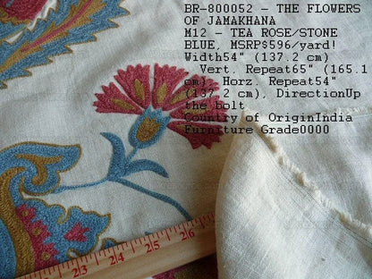 3.7y Brunschwig &amp; Fils Flowers Of Jamakhana Tea Rose/blue Chartreuse Crewel Embroidery Linen Tulip Pomegranite Blue Red MSRP USD 596/Y