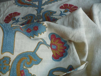 3.7y Brunschwig &amp; Fils Flowers Of Jamakhana Tea Rose/blue Chartreuse Crewel Embroidery Linen Tulip Pomegranite Blue Red MSRP USD 596/Y
