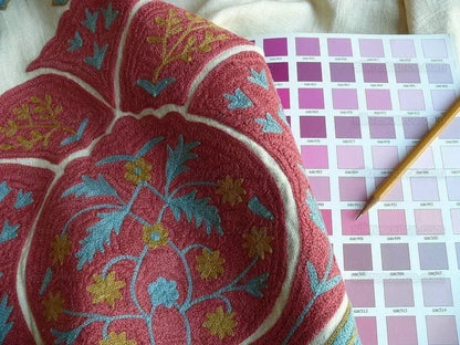 3.7y Brunschwig &amp; Fils Flowers Of Jamakhana Tea Rose/blue Chartreuse Crewel Embroidery Linen Tulip Pomegranite Blue Red MSRP USD 596/Y