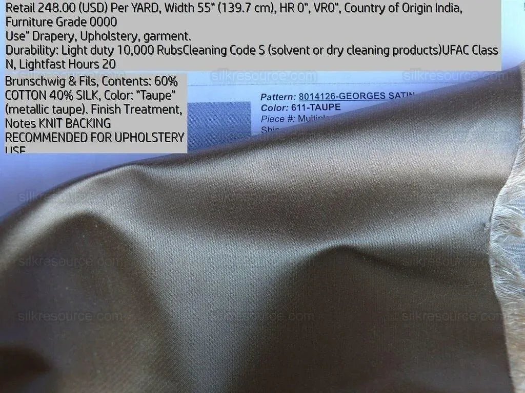 By Yd Brunschwig &amp; Fils Georges Satin Silk Taupe MSRP USD 470/Y