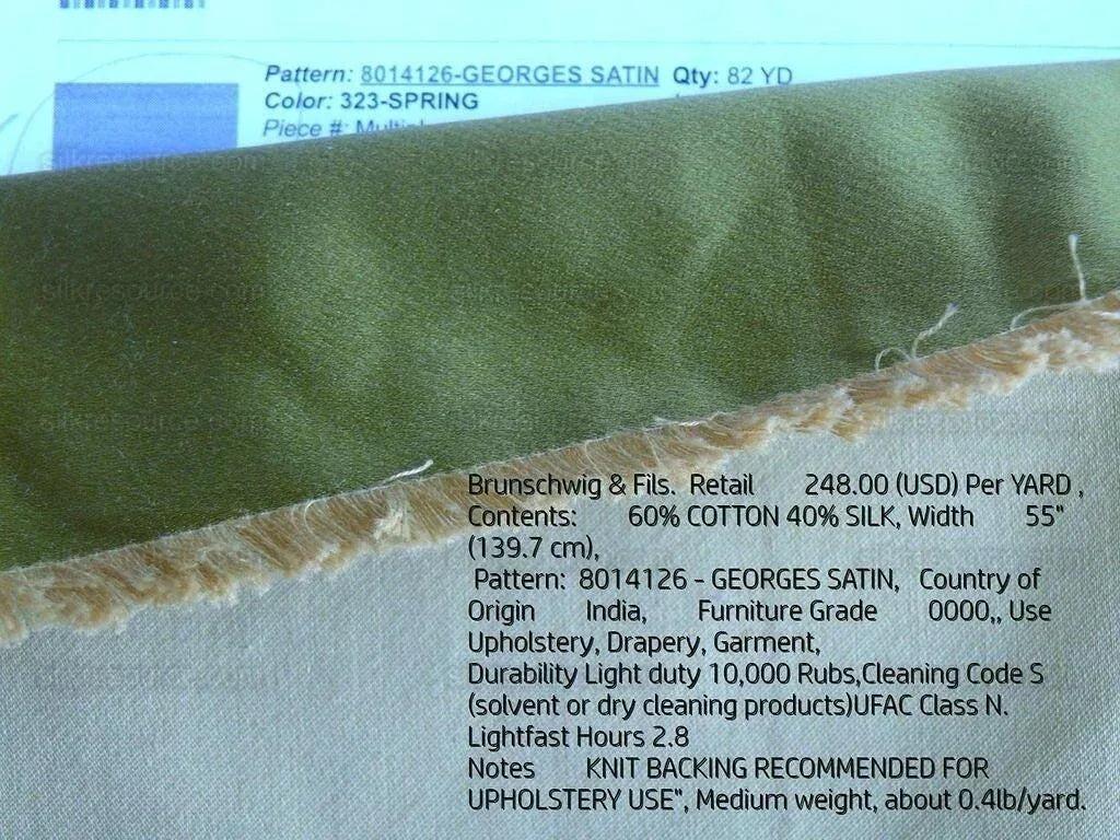 By Yd Brunschwig &amp; Fils Georges Satin Silk Spring Green MSRP USD 470/y