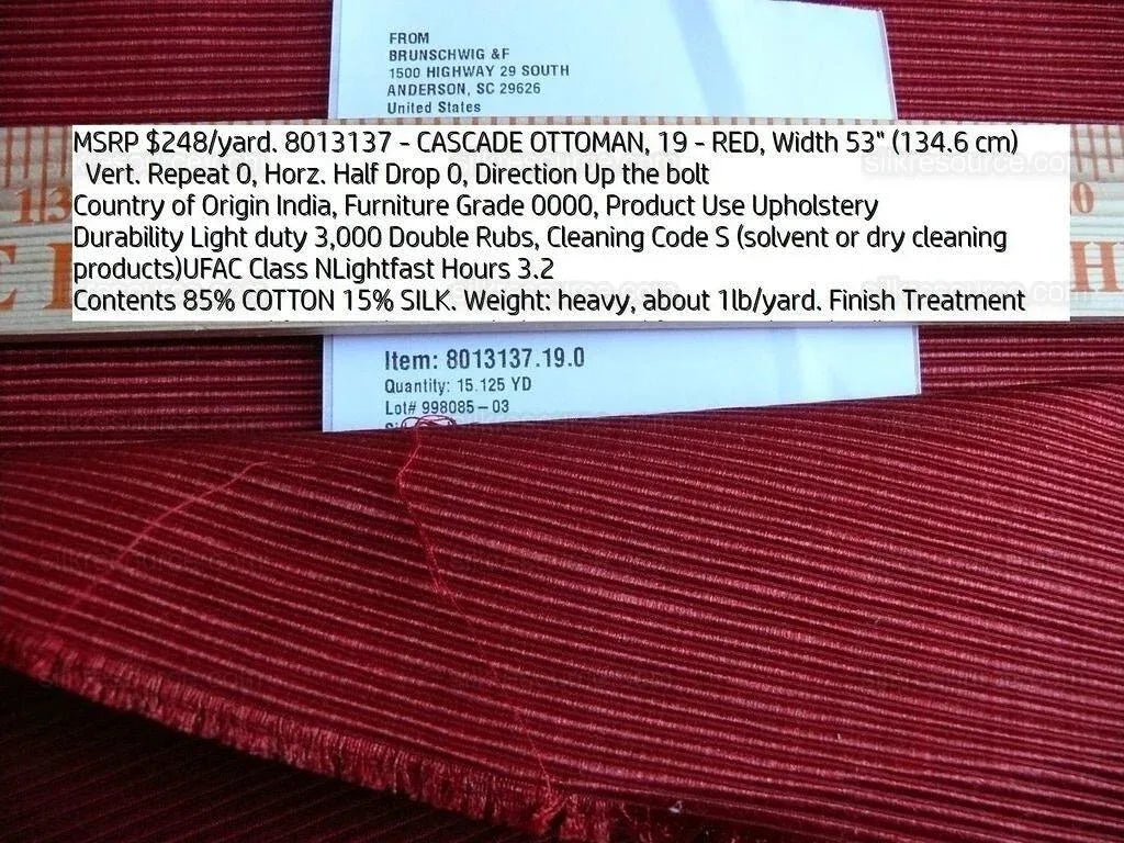 Brunschwig & Fils Cascade Ottoman Red Rose Pink Cotton & Silk Heavy! MSRP USD 248/y