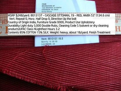 Brunschwig & Fils Cascade Ottoman Red Rose Pink Cotton & Silk Heavy! MSRP USD 248/y