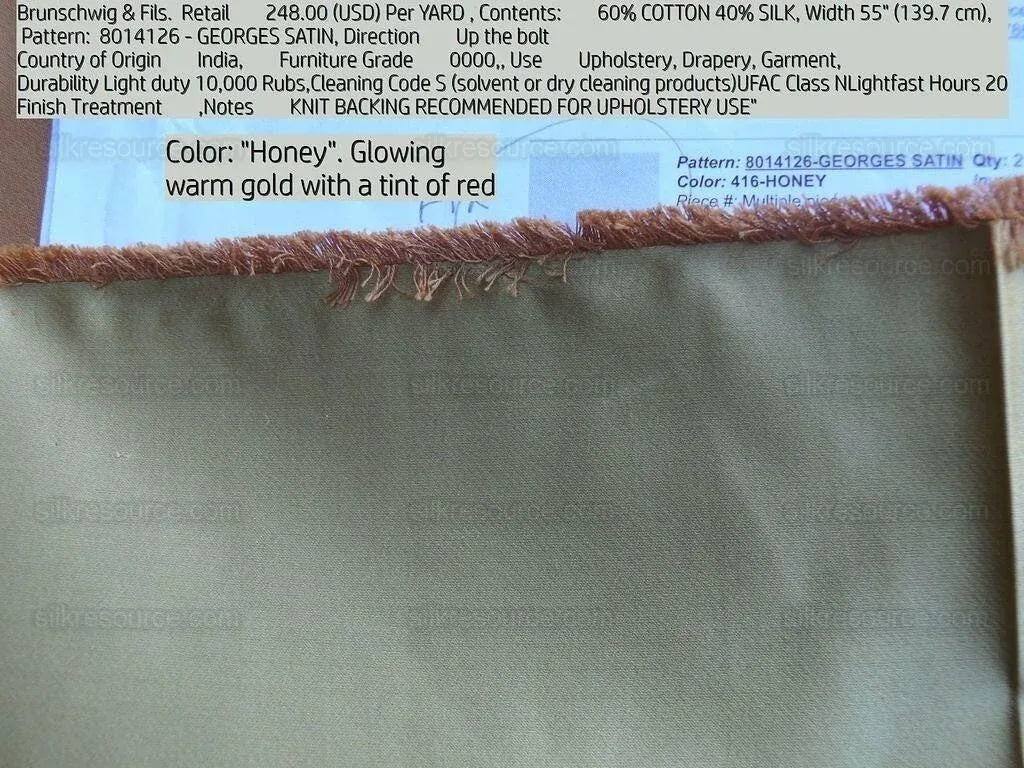 0.4yd Brunschwig &amp; Fils Georges Satin Silk "honey" Gold MSRP USD 470/y