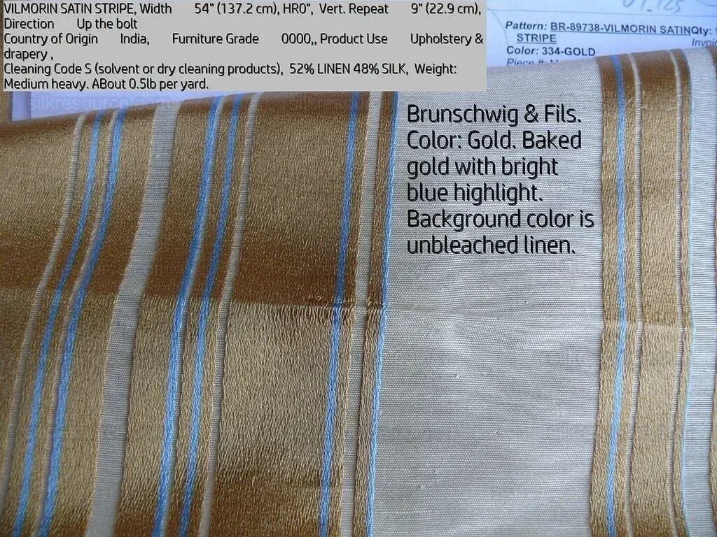Brunschwig &amp; Fils Vilmorin Satin Stripe Gold Cream Blue MSRP USD 290/y