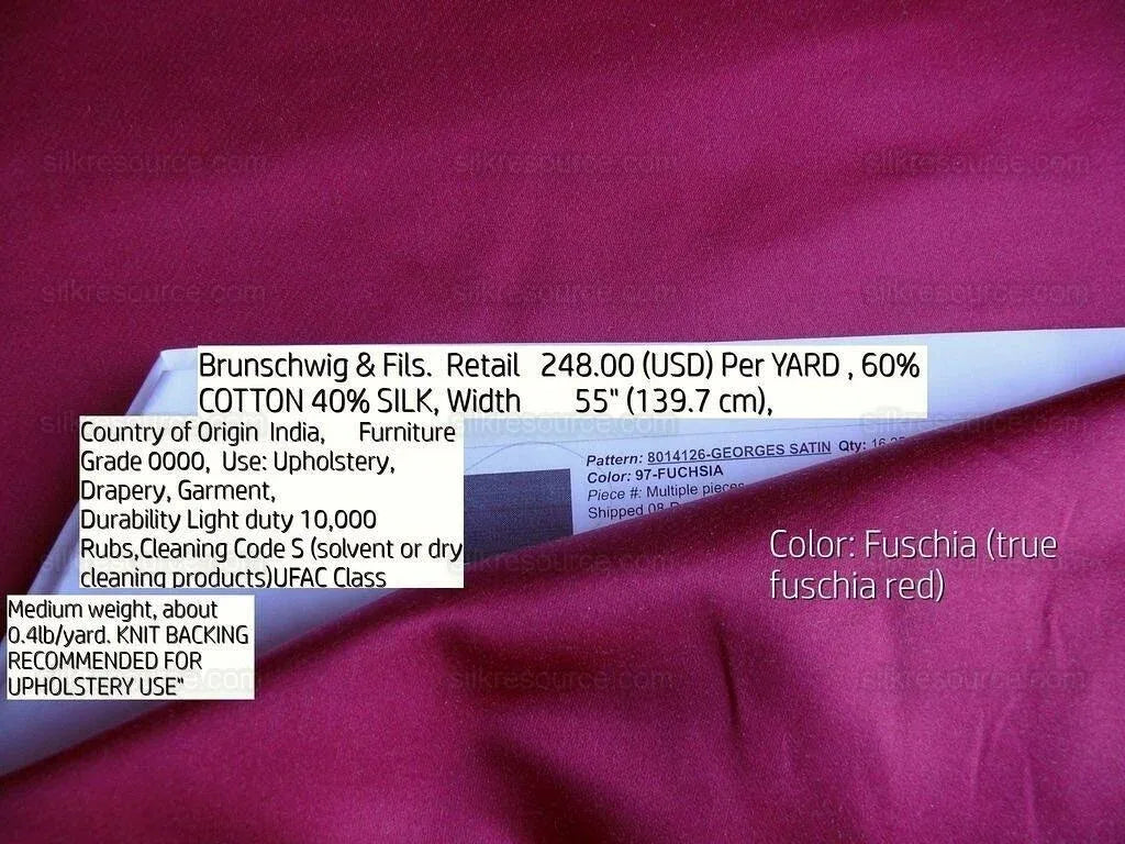 Brunschwig &amp; Fils Georges Satin Silk "fuchsia" Pink Red MSRP USD 470/y